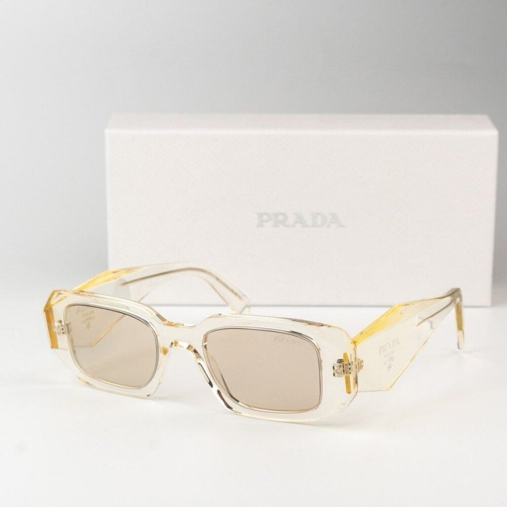 NEW Prada PR17WS 19X30N Transparent Champagne Mirror Rectangle Sunglasses